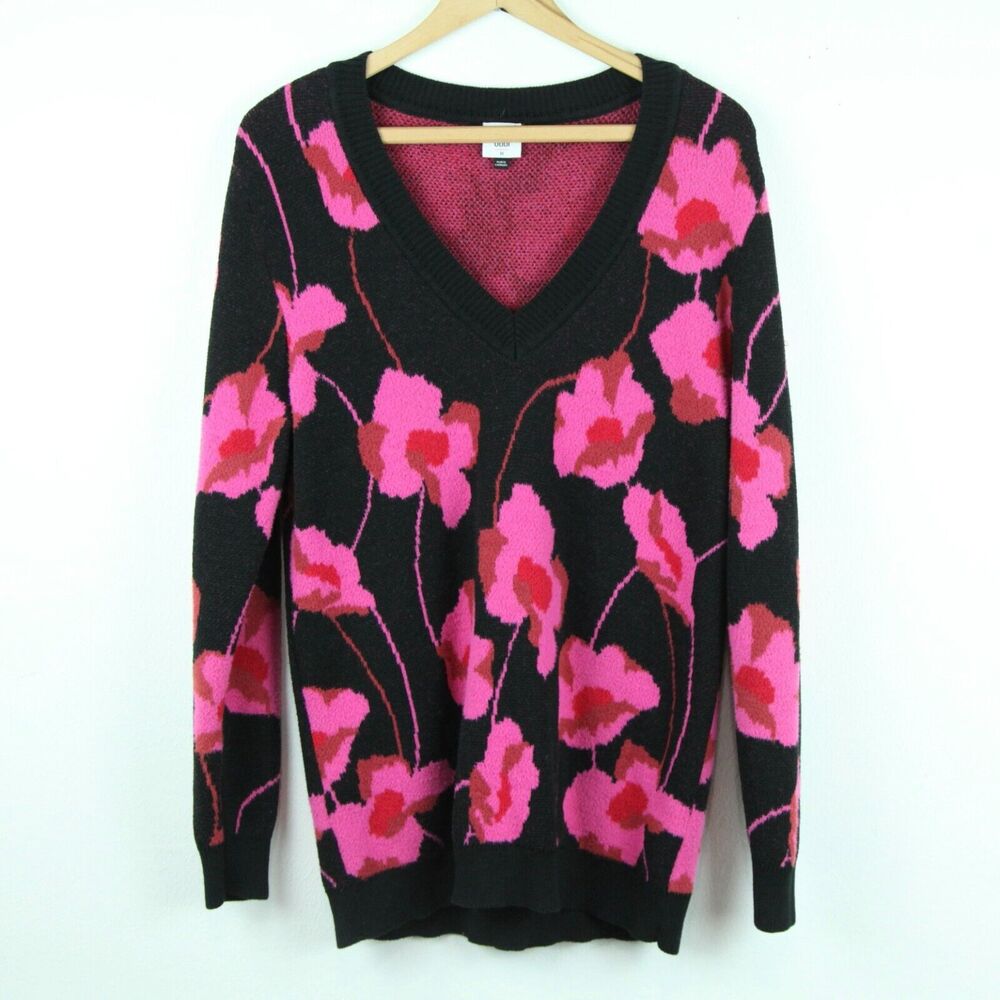 Cabi Medium Sweater V Neck Pink Floral Maximalist Preppy Twee Girly Cozy‎ Glam